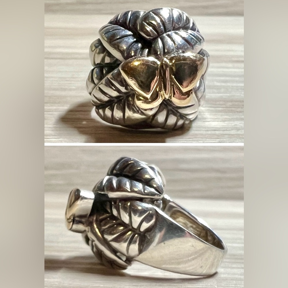 Vintage Handmade Sterling Silver & 14k Gold Leaf Butterfly Dome Ring, Size 6.5